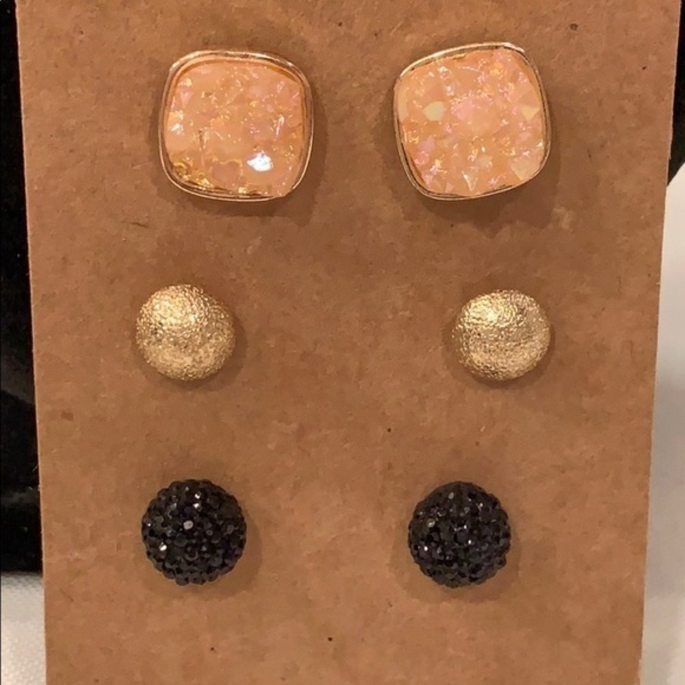 💐5/25 gold stud black round crystal faux druzy